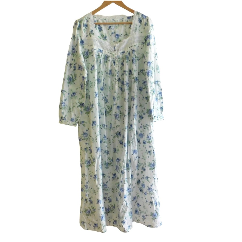 Ella Simone Womens Long Cotton Robe Blue Floral Print Long Sleeve Sz Large